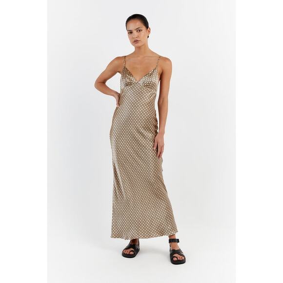 $215 DISSH Lou Swirl Gold Print Satin Maxi Dress - US 12 - Picture 3 of 9